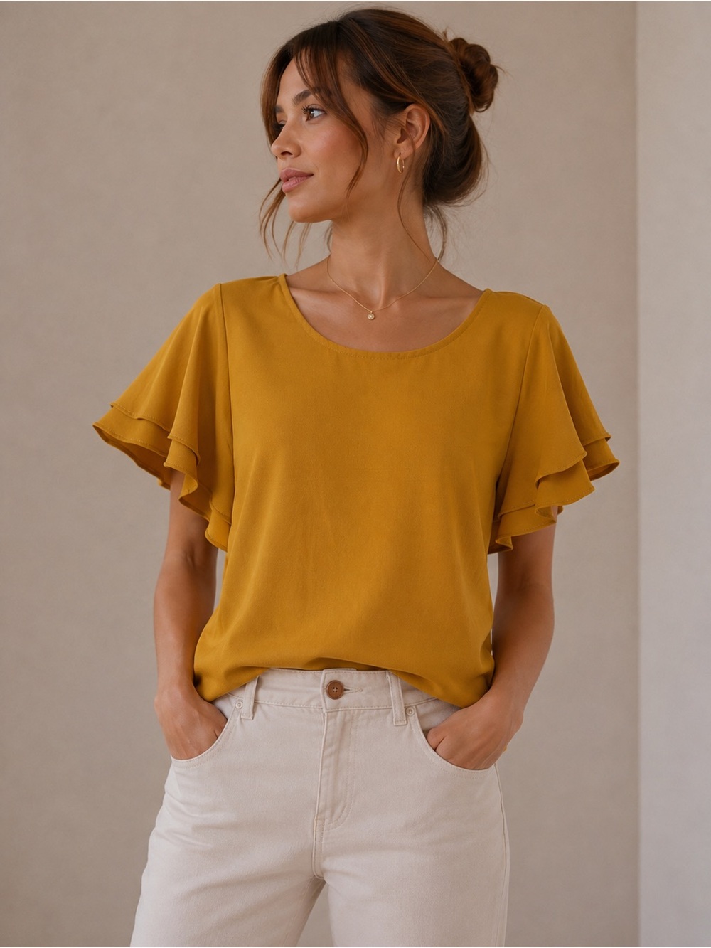 Banana Republic Flutter Sleeve Scoop Neck Top in Mustard Size Medium